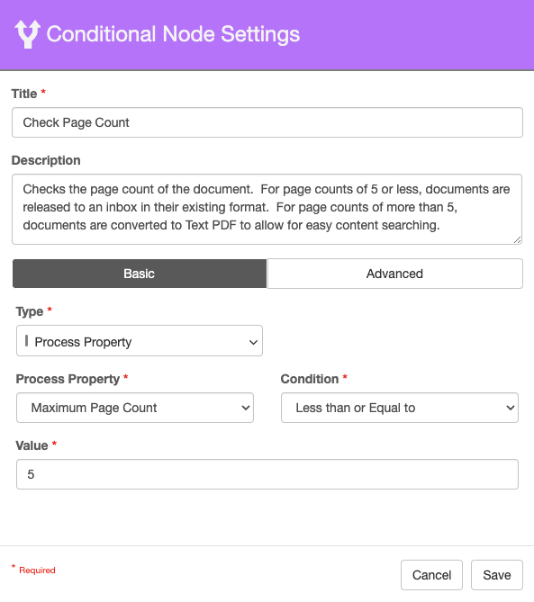 Condition node basic settings configure to check for a maximum number of pages.