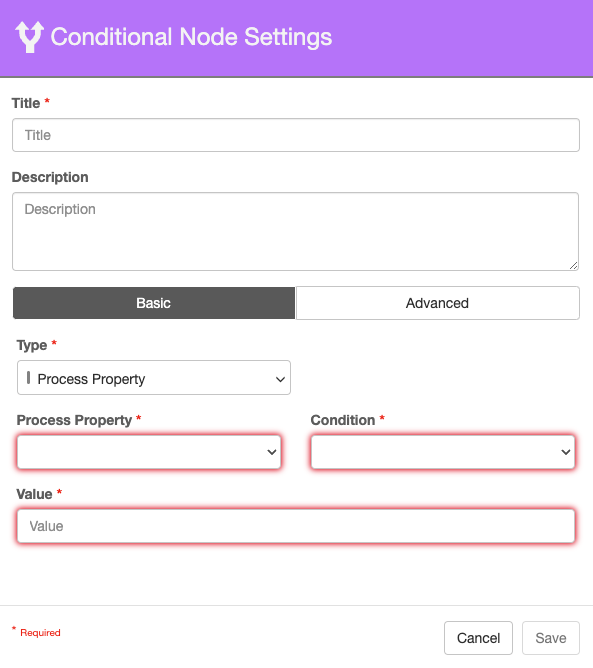 Conditional Node setting with the basic tab selected and no configuration entered.