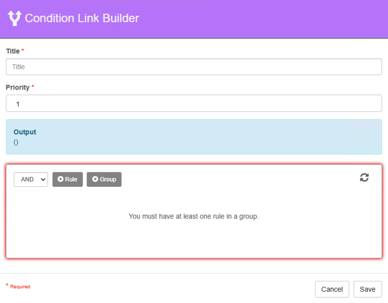 Condition Link builder options for title, priority, and rules.