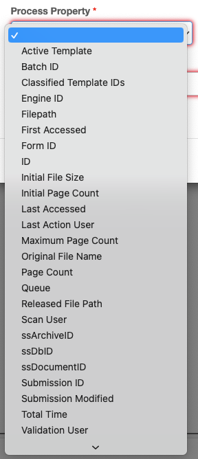 Process property dropdown list exposed with available system values.