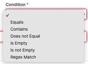 Condition dropdown list exposed with available operators.