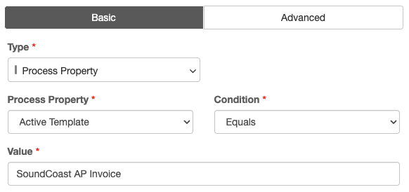 The value input is available when a condition that needs a value is selected.