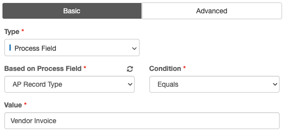 The value input is available when a condition that needs a value is selected.