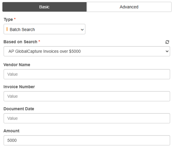 Search prompts for AP GlobalCapture Invoices over 5000 dollars search.