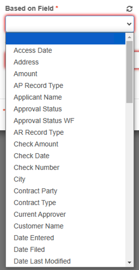 Field dropdown list exposed with values from the GlobalSearch database.