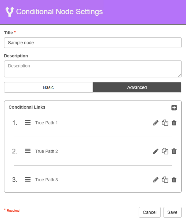 Advanced tab selected in the Conditional Node settings with a list of 3 conditional links.