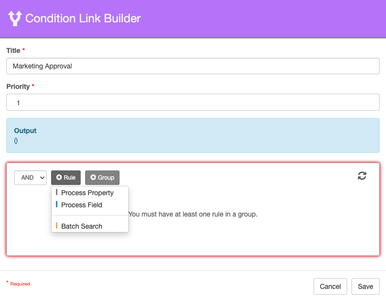 Rule Type drop down list exposed.