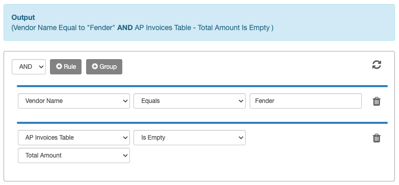 A condition that checks the vendor name and the Total amount field for data.