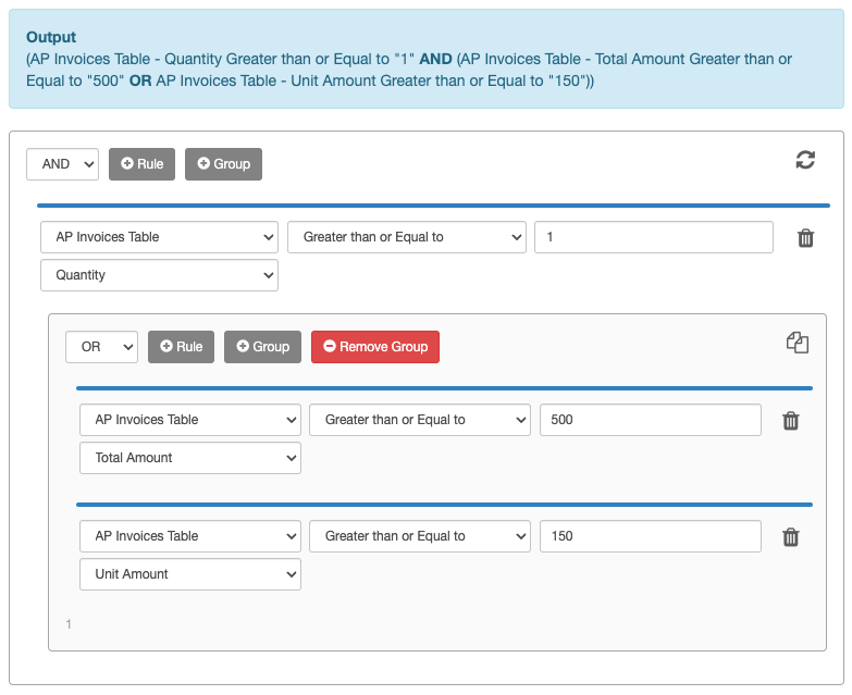 Checks for quantities greater than zero and above a value in the total or unit amount columns.