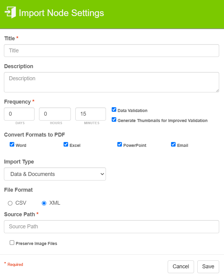 This displays the Import node, using the data and document import type, to import a xml file into a GlobalCapture workflow.