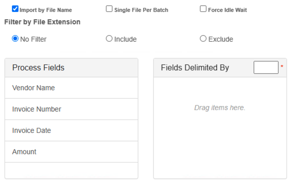 Import by file name options for filters, process fields and delimiter.