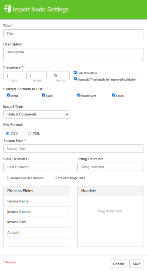 This displays the Import node, using the data and document import type, to import a csv file into a GlobalCapture workflow.