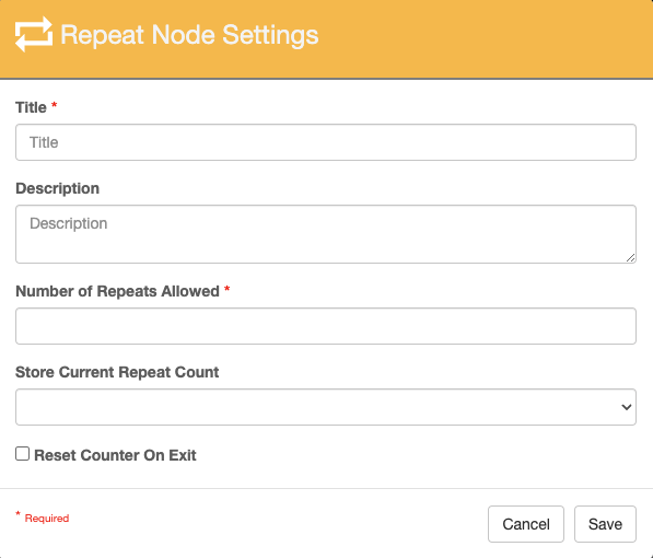 Repeat node setting with added Store Current Repeat Count option that becomes available when process fields are in the process field pane.