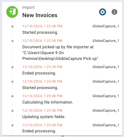 Example of the Import Node's entire process history, complete with date and time stamps.