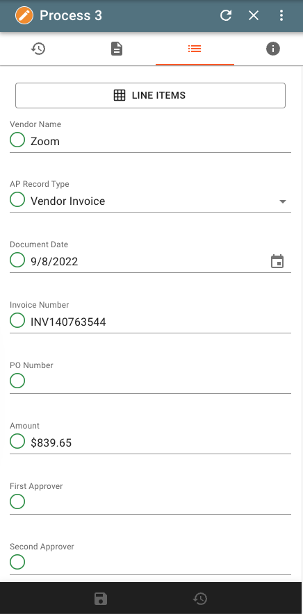 Process field data for a document with table data.