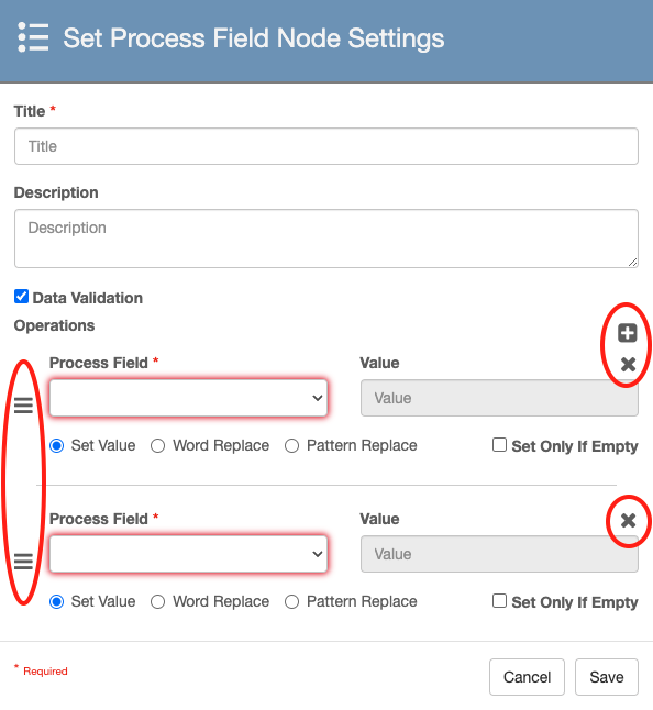 Two set field operations available in the node with the add, remove and reorder options for each set field circled.