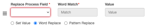 Word Replace selected with word match and value options.