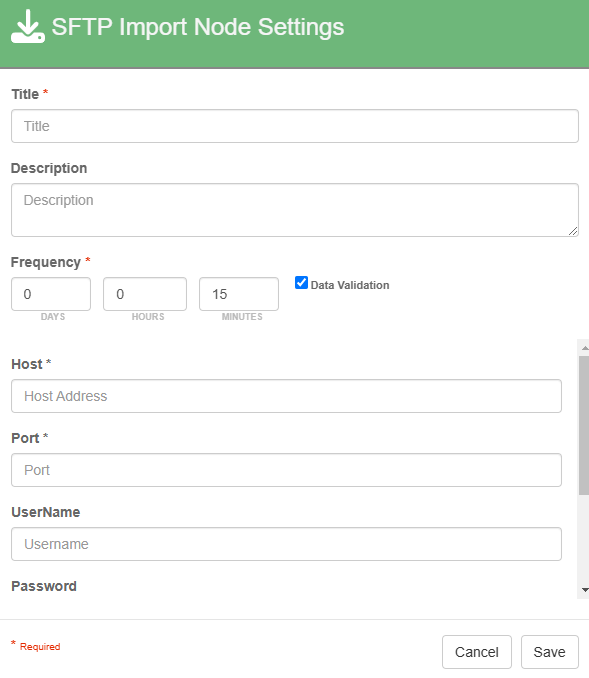 This is a preview of the SFTP Import Node settings. There are additional settings using the scrollbar on the right hand side of the settings.