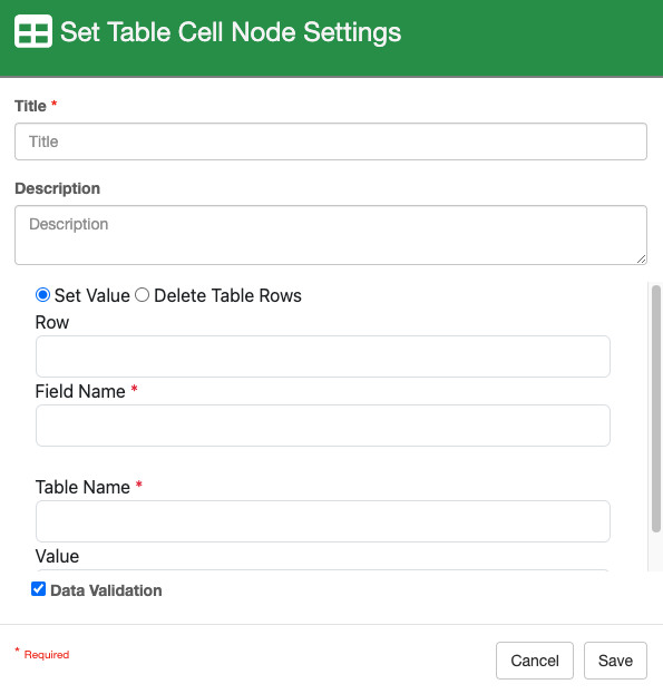 Set Table Cell Node settings for adding or modifying values in a GlobalCapture table.