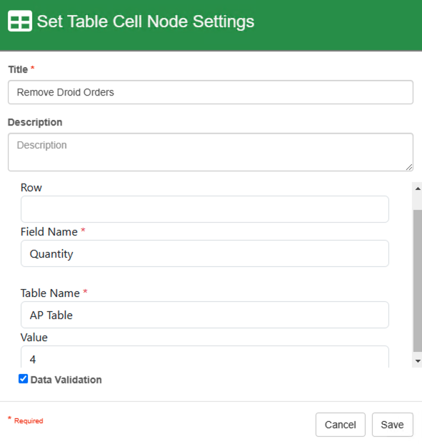 Set table cell node configured to delete any row with the quantity column containing a value of 4 from the AP Table.