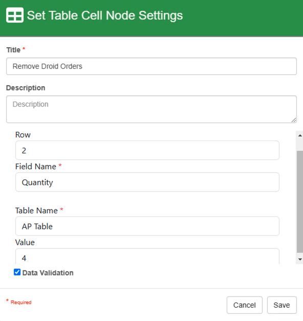 Set Table cell configuration to delete the 2nd row in the table of the AP Table.