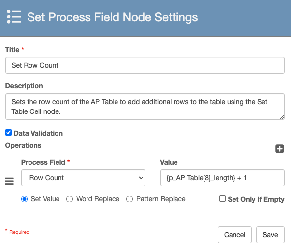 Set process field node settings that configures the process field Row count to be the length of the AP Table plus one.