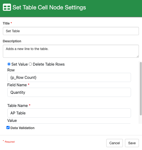 Set table cell settings to with the p_Row Count value added to the Row input field.