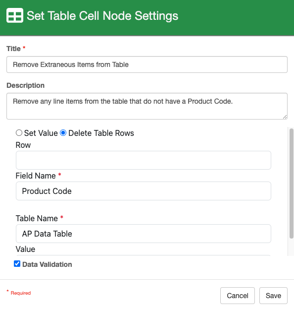 Settings for Row blank, Field name is product code, Table name is AP Data Table. Value is not visible.
