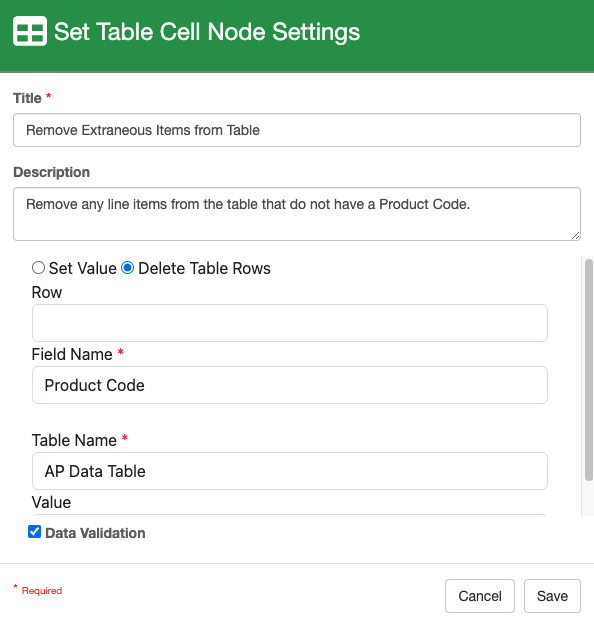 Settings for Row blank, Field name is product code, Table name is AP Data Table.  Value is not visible.