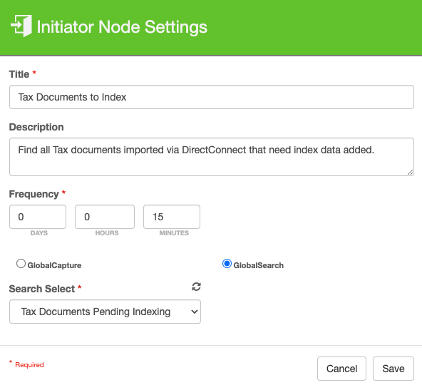 Initiator node configured to import tax documents pending indexing.