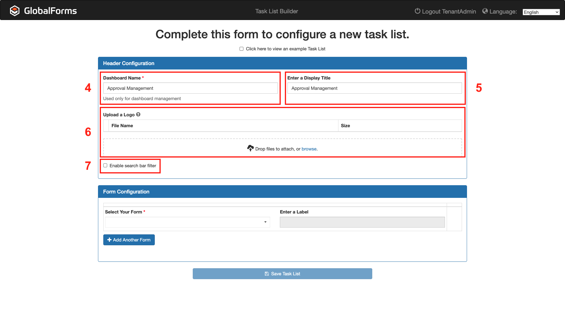 Create a new task list form with the Header configuration highlighted.