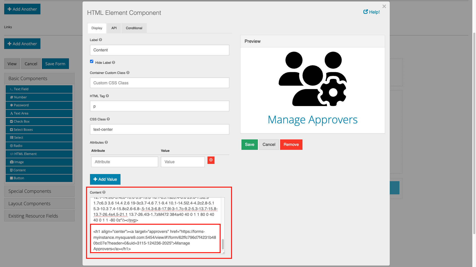 Manage approvers settings with the focus on adding the task list url to the content textbox.