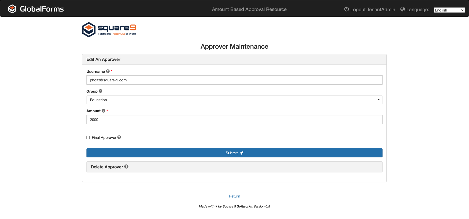 Approver maintenance form with textboxes for username, group and amount and a checkbox for final approval. buttons for submit and return to dashboard are at the bottom.