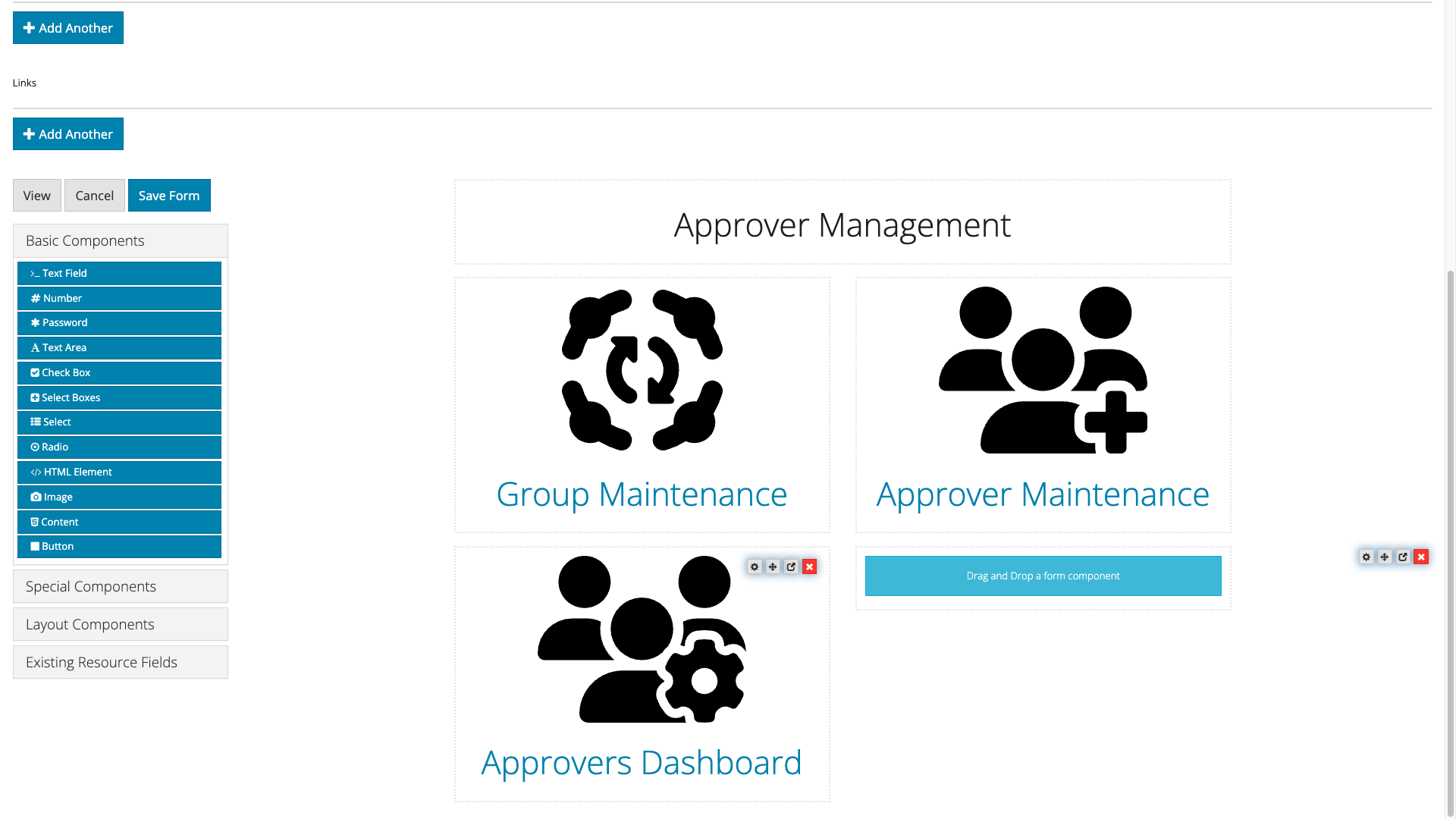 Multi level approval dashboard form edit screen with manage approvers highlighted and the edit, move, clone and delete options available.