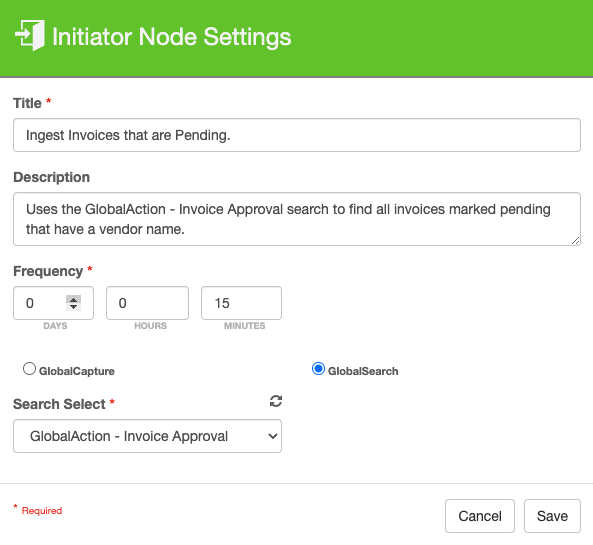 Initiator node with a tile, description, configured to check every 15 minutes using the GlobalAction-invoice approval search.