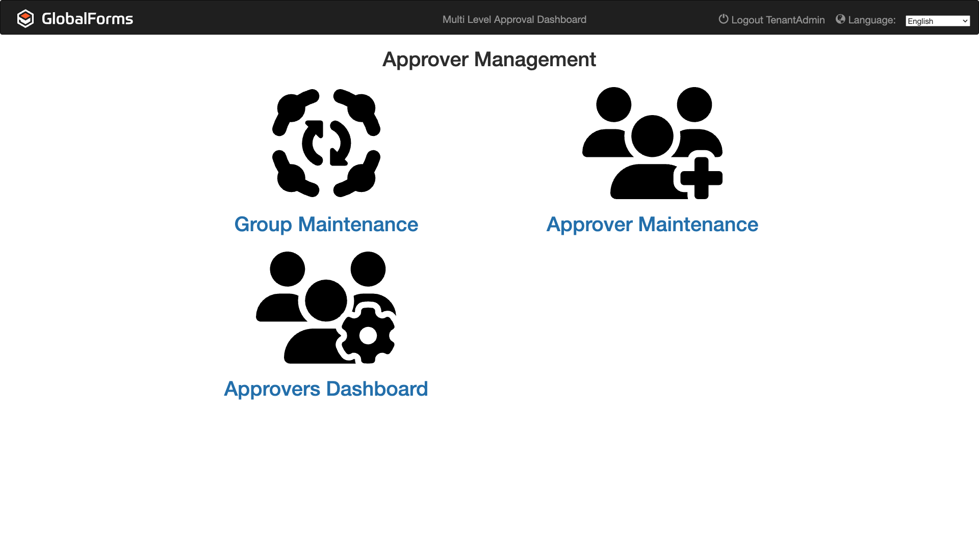 Multi Level Approval Dashboard titled Approver Management and links to Add Departments, Add Approvers, and Manage Approvers.