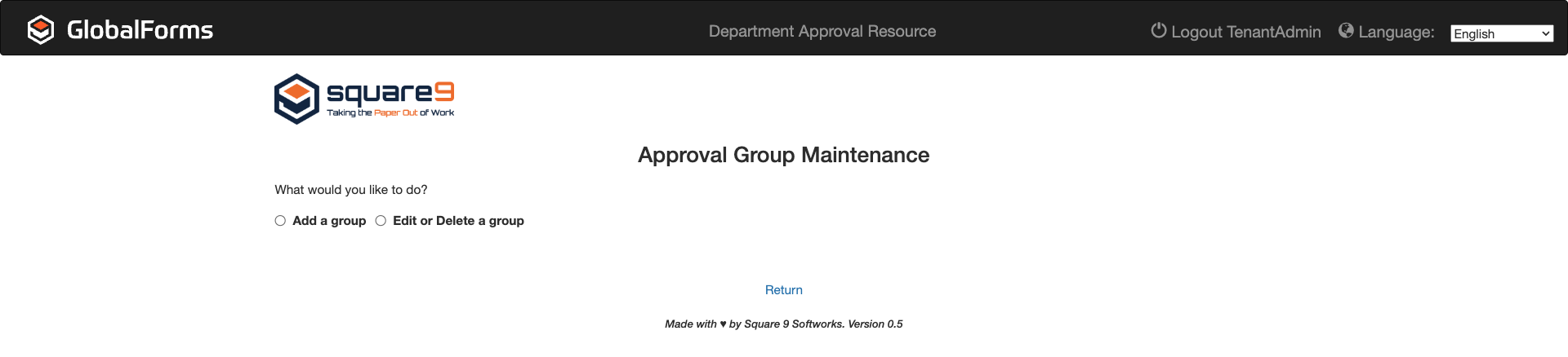 Approval group maintenance page with options to add a group and edit or delete a group.