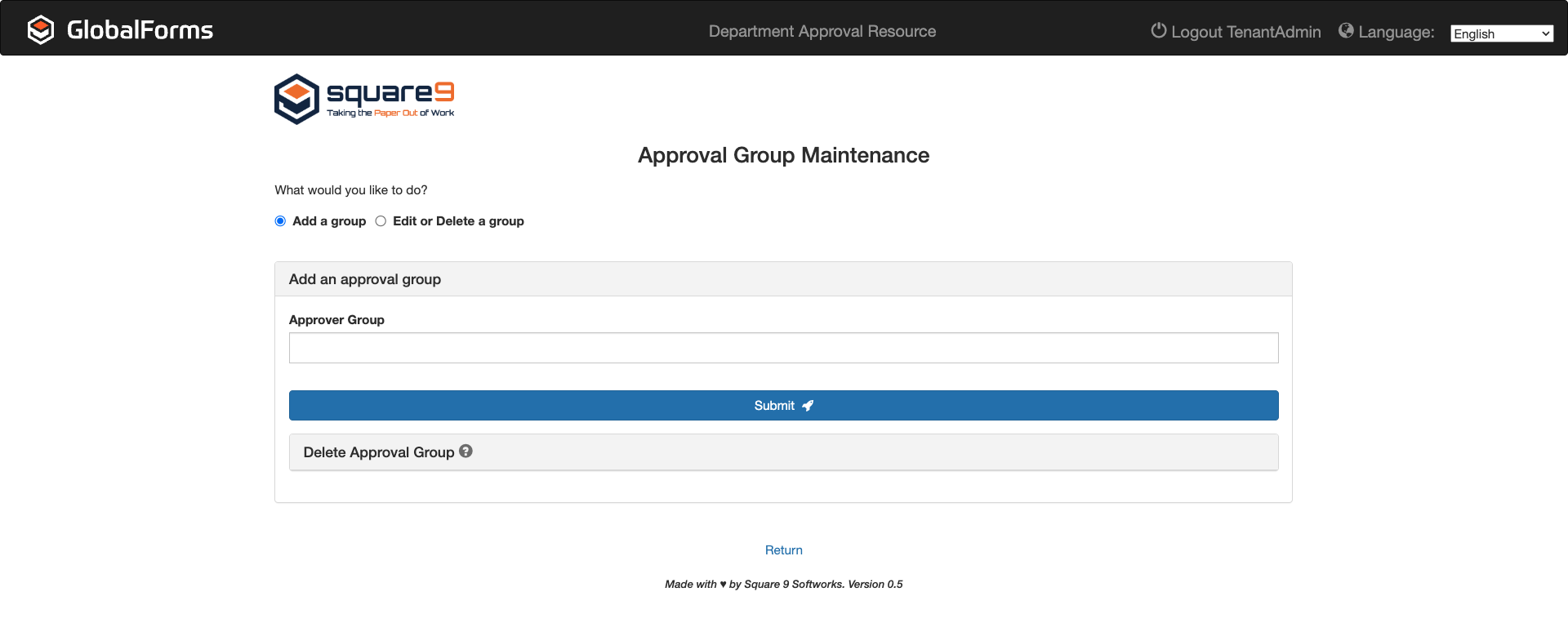 Add a group approval group maintenance with textbox for approver group and submit button.