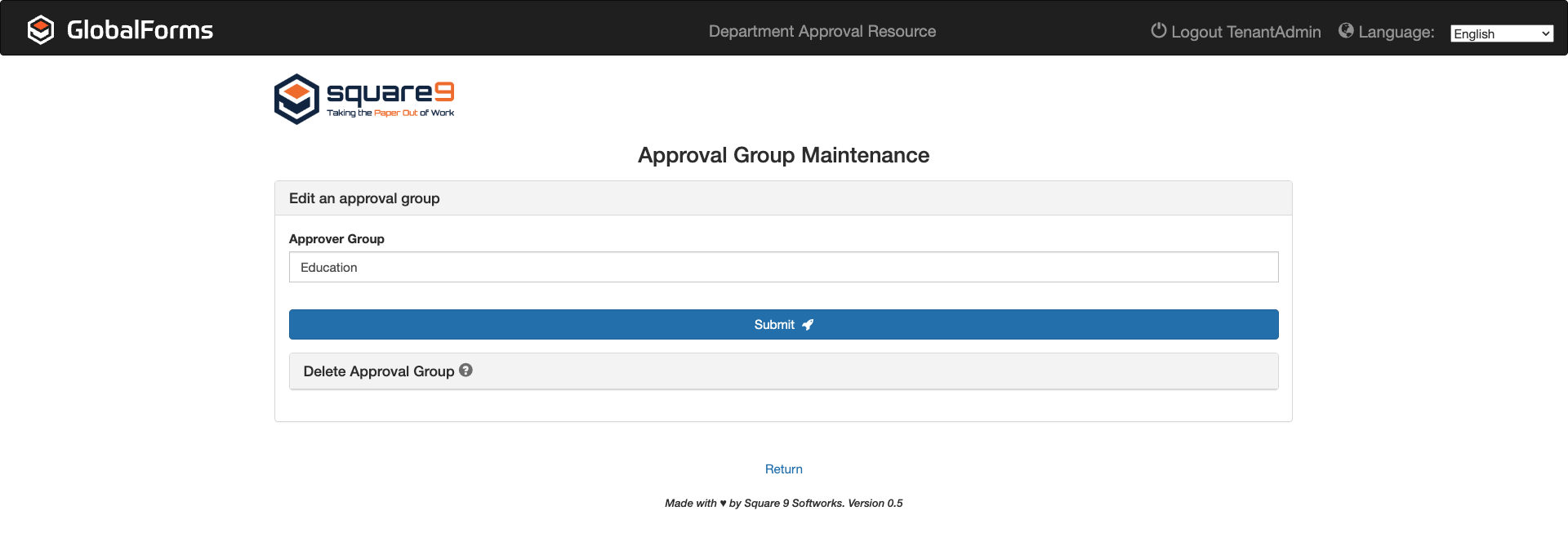 Education approver group selected and a blue submit button to submit changes. A gray delete Approval group box is below the Approver Group textbox.