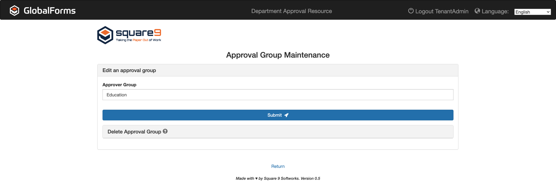 Education approver group selected and a blue submit button to submit changes.  A gray delete Approval group box is below the Approver Group textbox. 