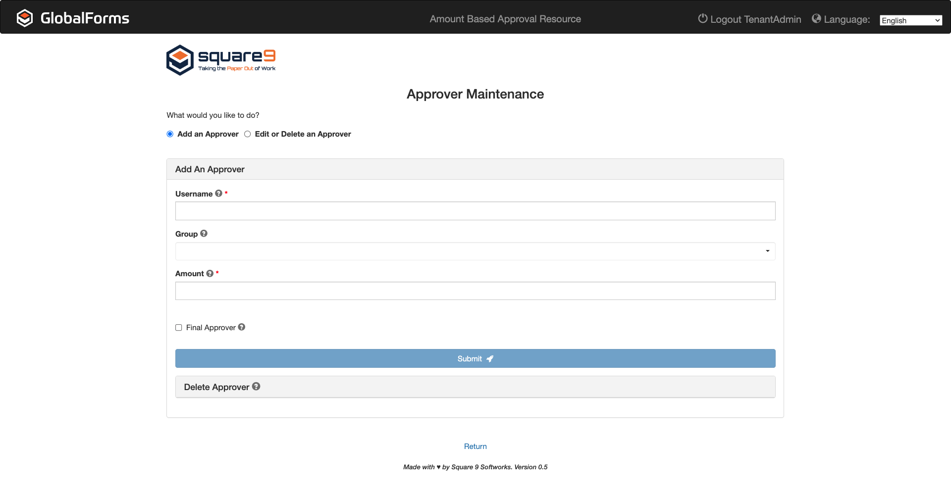 Add approver form with textboxes for username, group, and amount, a checkbox for final approver, and a blue submit button.