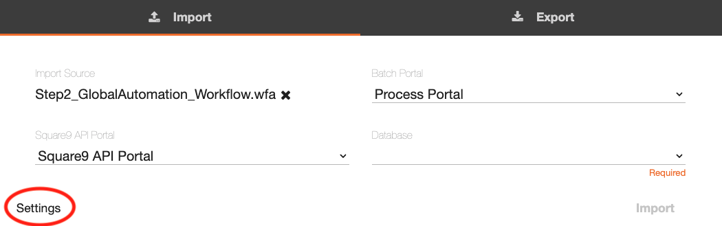 Importing a globalAction workflow with the setting option in the lower left corner highlighted.