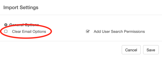 Import settings window with clear email options disabled.