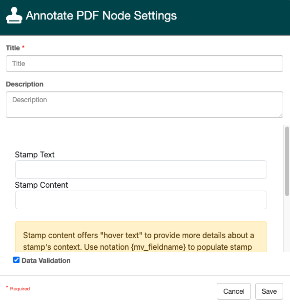 Annotate PDF node settings with title required, description, and data validation