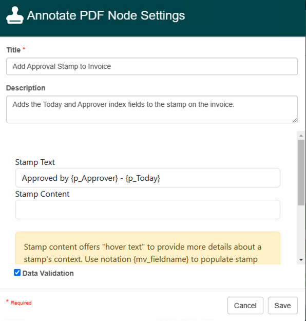 Annotate PDF setting with a title and stamp text set tup Approved by brace p_approver brace dash brace p_today brace.
