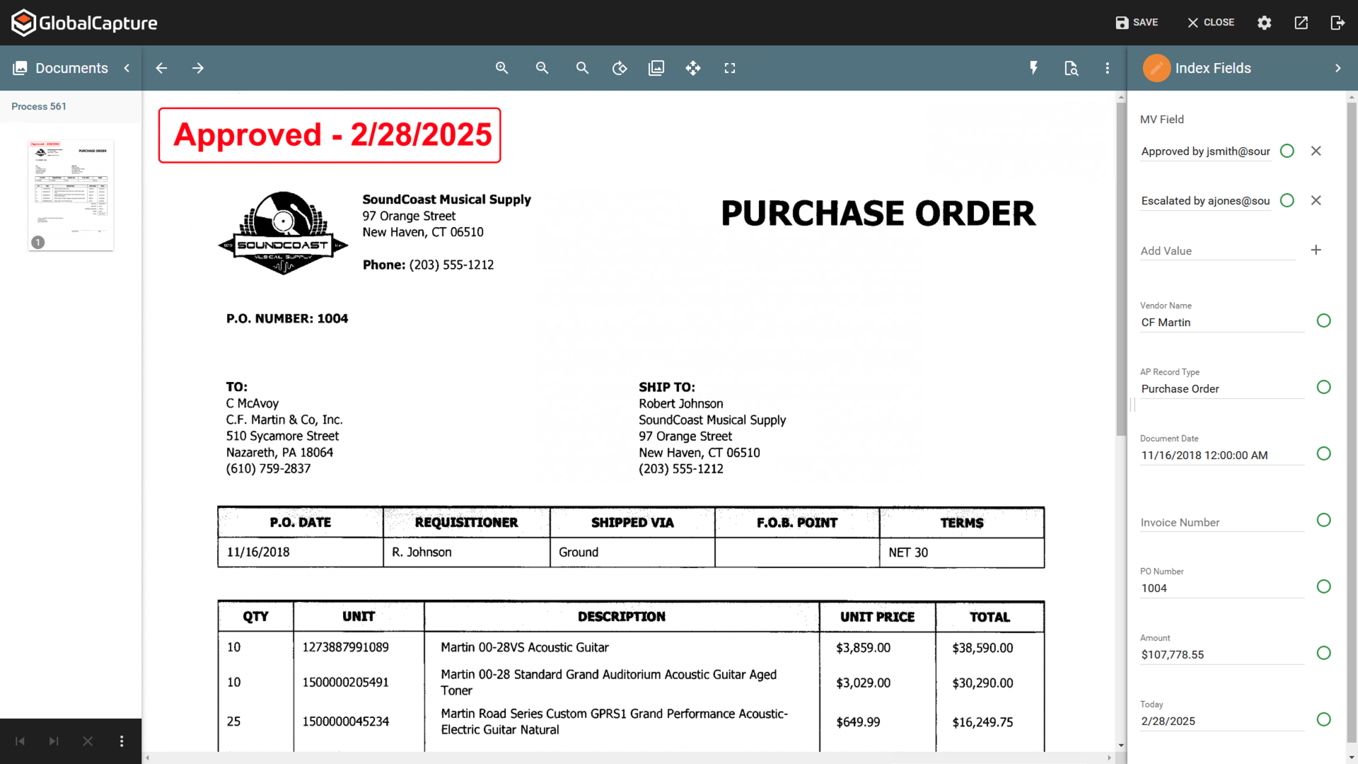 GlobalCapture view for a purchase order with the Approved stamp in the top left corner.