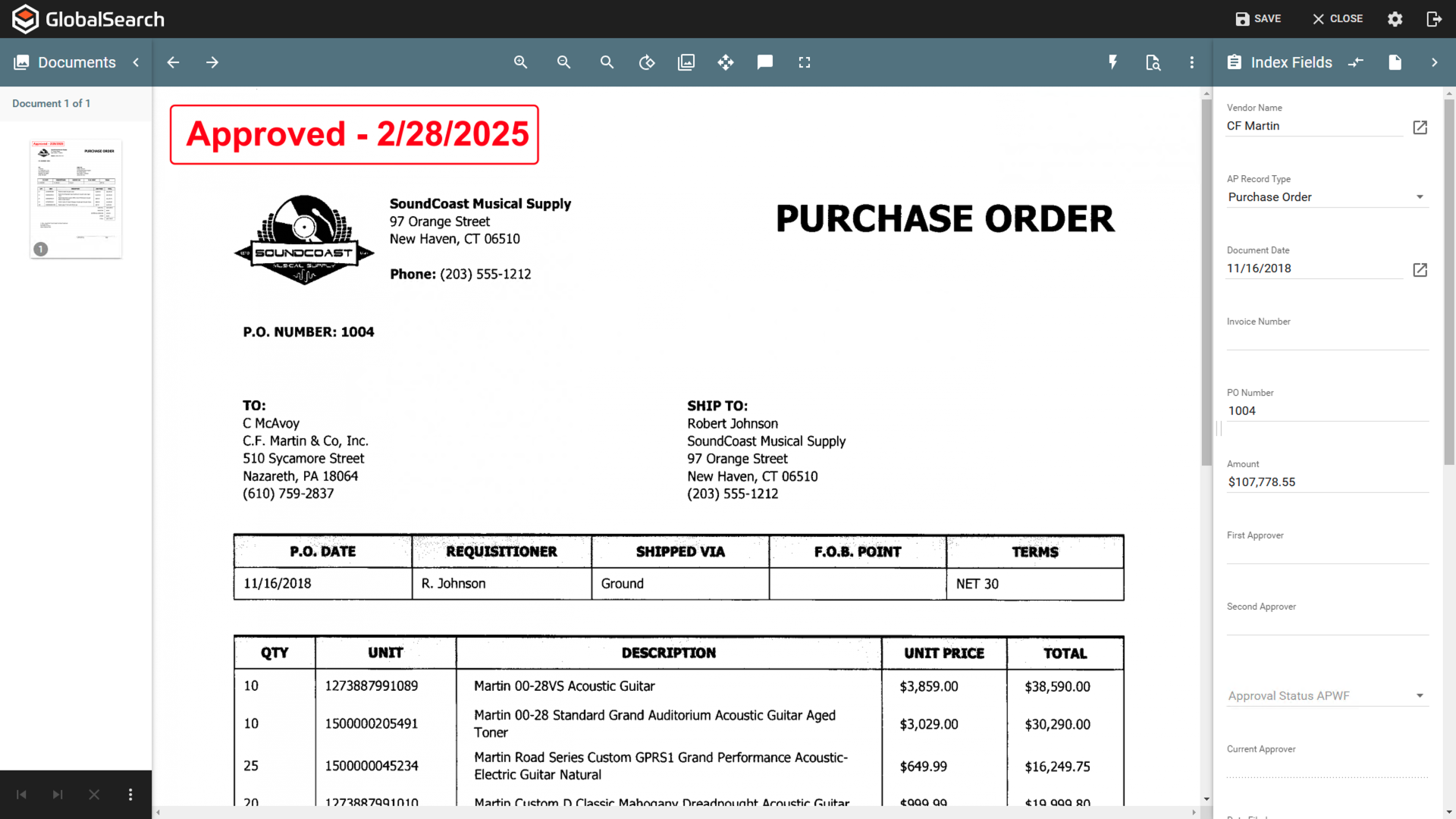 GlobalSearch legacy document view for a purchase order with the Approved stamp in the top left corner.