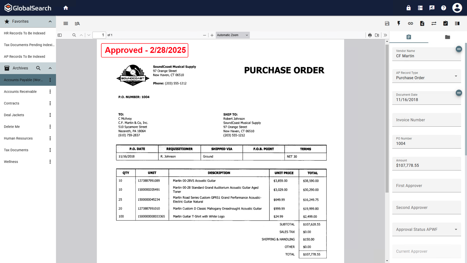 GlobalSearch Go document view for a purchase order with the Approved stamp in the top left corner.