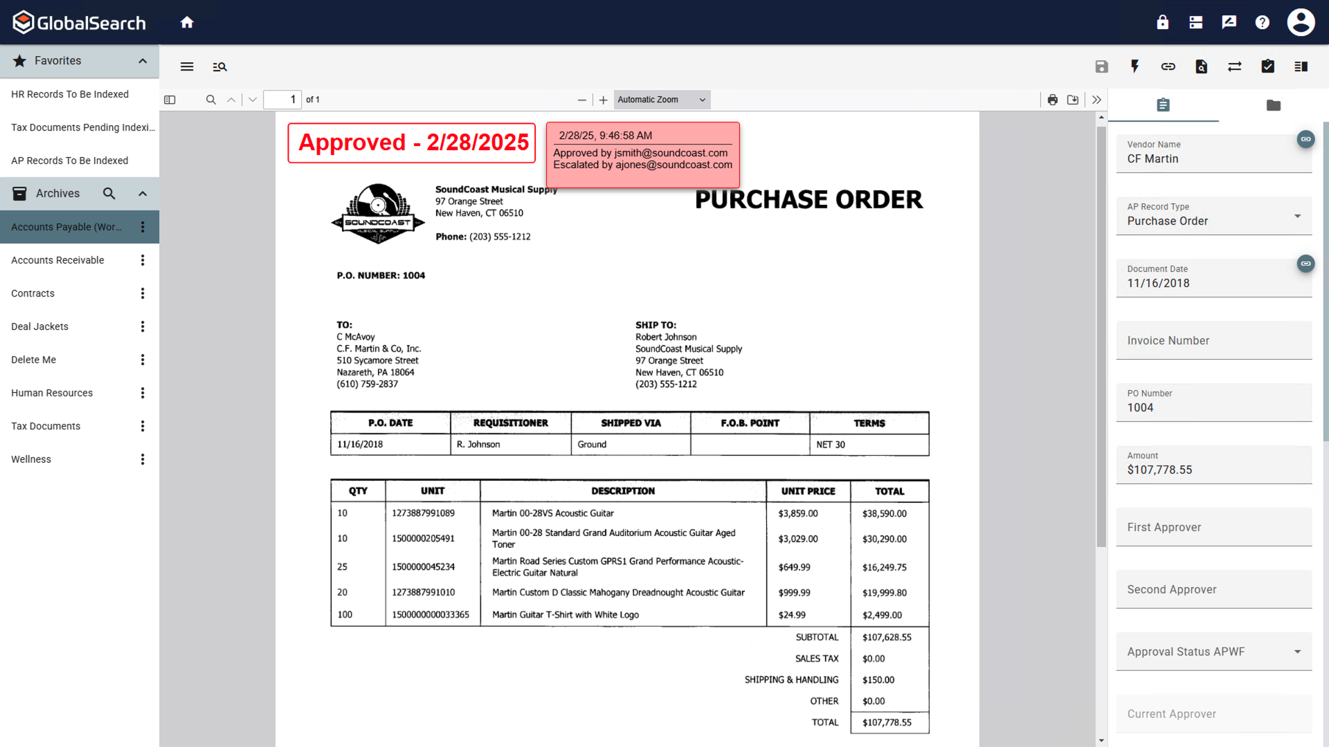 GlobalSearch Go Document Viewer with stamp applied in the Annotate PDF node at the top and the stamp content displayed to the right of the stamp.