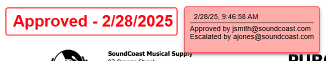 Approved stamp with the stamp content hover over displayed.